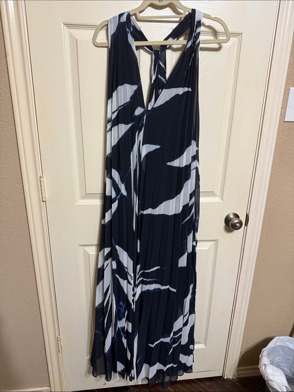 Banana Republic Navy and White Pleated Halter Maxi Dress